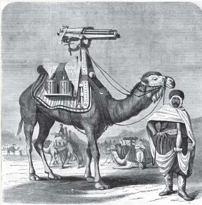 dessin d'unc hameau montrant une gatling 1872